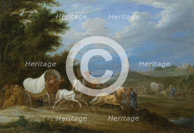 Landscape with the Attack on a Covered Wagon by a Group of Riders, c1660. Creator: Lambert de Hondt I.