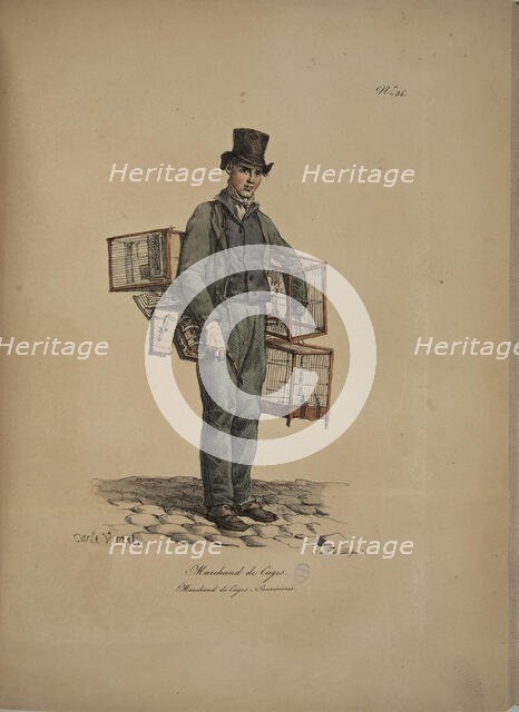 Cage merchant. From the Series "Cris de Paris" (The Cries of Paris), 1815. Creator: Vernet, Carle (1758-1836).