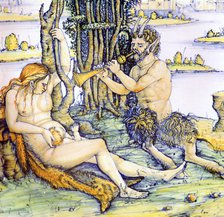 Italian earthenware plate showing the satyr family after Durer. Artist: Unknown