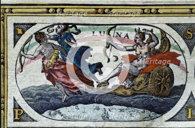 The moon, colored engraving from the book 'Le Theatre du monde' or 'Nouvel Atlas', 1645, created,…