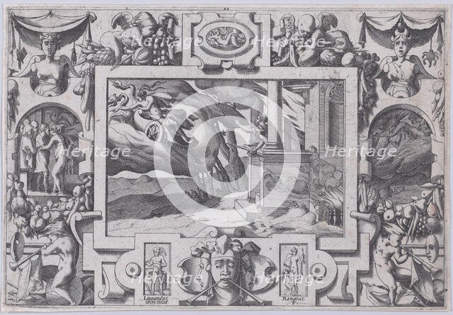 Medea Flees from Jason (L'épée au poing court Jason la poursuivre mais ne peut celle en vi..., 1563. Creator: Rene Boyvin.