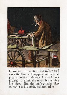 Itinerant knife grinder sharpening a blade by turning a grindwheel with a treadle, c1867. Artist: Unknown