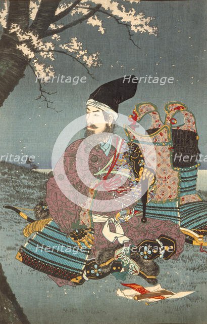 Warrior Taira-no-Tadanori about to Sleep under a Cherry Tree (image 2 of 3), 1884. Creator: Kobayashi Kiyochika.