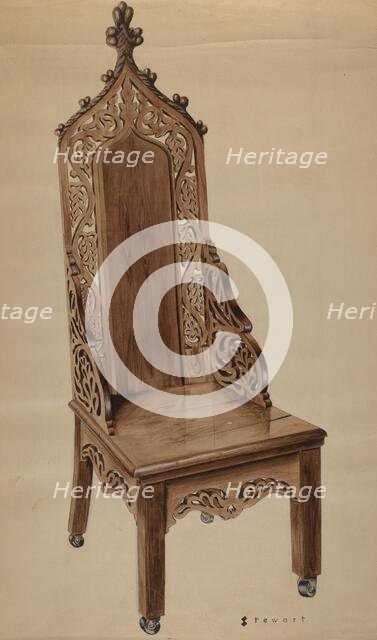 Chair with Carved Grape Leaf Decoration and Gothic Top, c. 1937. Creator: Robert Stewart.