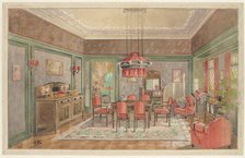 Dining room with red chairs, c.1925. Creator: Monogrammist HK.