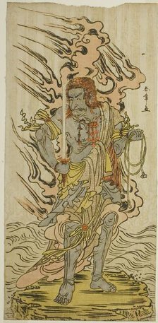 The Actor Ichikawa Danjuro V as a Stone Image of Fudo Myoo in the Play Kitekaeru...n, c. 1780. Creator: Shunsho.