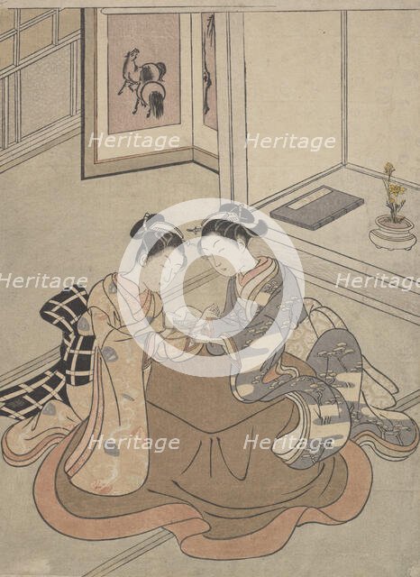 Two Young Women Seated by a Kotatsu Playing Cat's Cradle, ca. 1765., ca. 1765. Creator: Suzuki Harunobu.