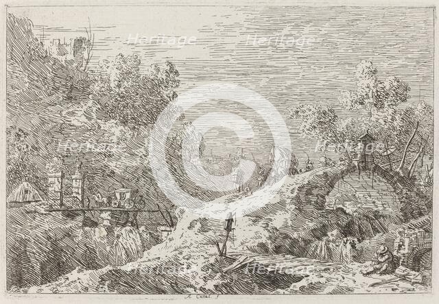 Mountain Landscape with Five Bridges [lower right], c. 1735/1746. Creator: Canaletto.