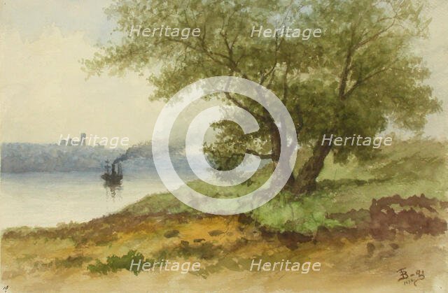 Summer landscape with tree, and steamboat in the distance, 1878. Creator: Lars Theodor Billing.