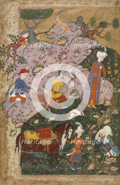 Courtier and Attendants in a Landscape, Left Side of a Double-Page..., between c1585 and c1590. Creator: Unknown.