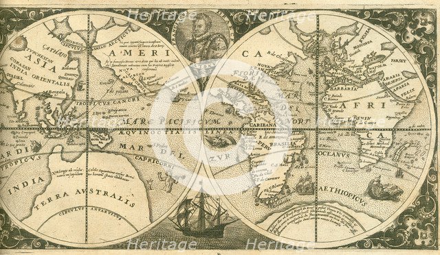 Title page of Americae Pars VIII (with a portrait of Francis Drake and his ship, the Golden Hind), 1 Artist: Bry, Theodor de (1528-1598)