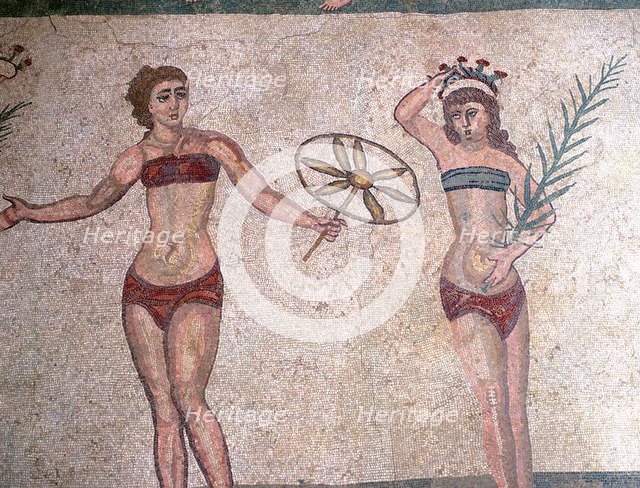 Mosaic in the Roman Villa of Casale, near Piazza Armerina, Sicily, Italy.