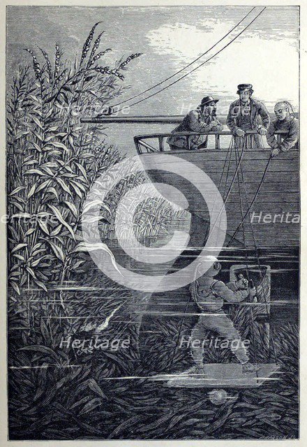 Clearing the Screw, from Under the Waves, or Diving in Deep Waters, pub. 1887. Creator: English School (19th Century).