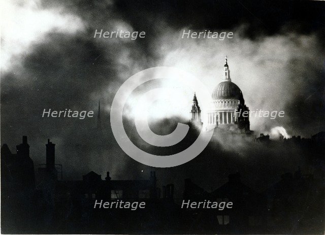 St Paul's Cathedral, London, during the Blitz, World War II, 29 December 1940. Artist: Unknown