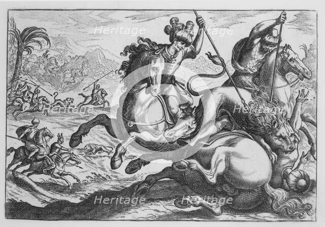 Lion Hunt, from 'Hunting Scenes IV', late 16th century., late 16th century. Creator: Antonio Tempesta.