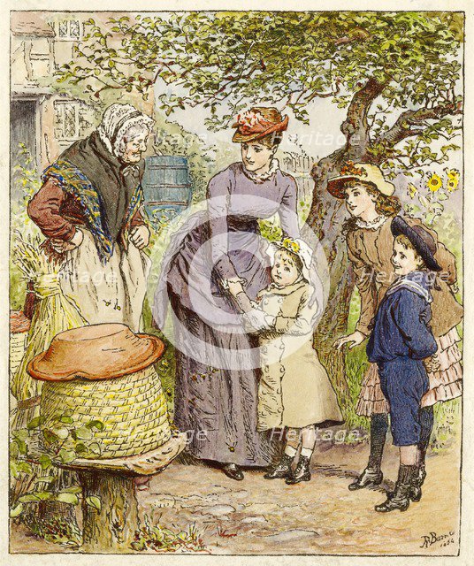 Mother and Children by a Beehive, pub. 1854. Creator: Robert Barnes (1840 - 1895).