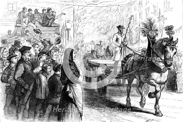 George Stephenson Centenary at Newcastle-on-Tyne: procession of draught horses, waggons, etc, 1881. Creator: W. P..