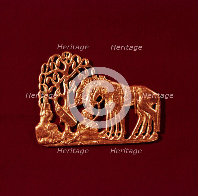 Sarmatian Gold Plaque, from Siberia, Scythian tree of life, and resurrected warrior,  5th century BC Artist: Unknown.