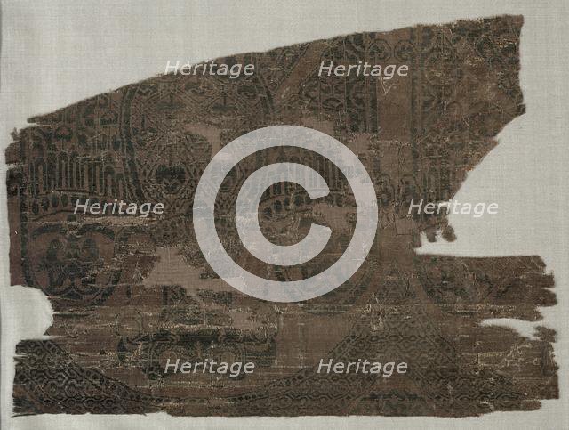 Samite fragments with double-headed eagles, from the tomb of Saint Bernard Calvo, 1200-1243. Creator: Unknown.