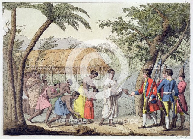 Captain Samuel Wallis being received by Queen Oberea on the Island of Tahiti, 1767 (19th century). Artist: Gallo Gallina