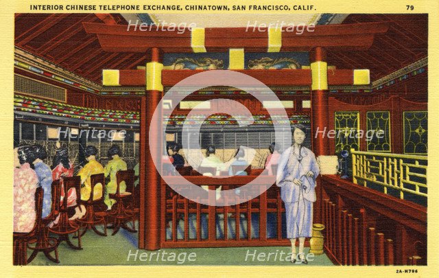 Interior of the Chinese telephone exchange, Chinatown, San Francisco, California, USA, 1932. Artist: Unknown
