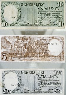 Banknotes of 10 pesetas of legal tender issued by the Generalitat de Catalonia during the Spanish…