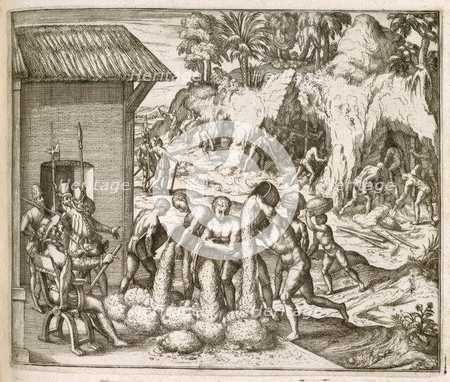 Slaves from Guinea digging for gold and silver in mines, for the Spanish in ..., 1595 (1617?) . Creator: Unknown.