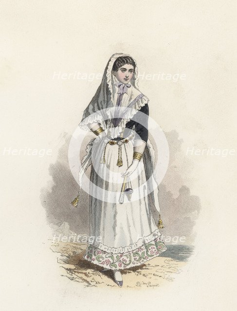 Young woman from Mallorca, color engraving 1870.