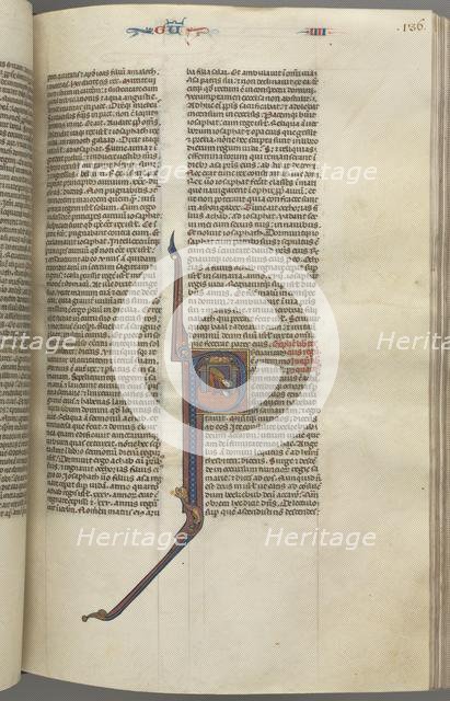 Fol. 136r, Kings IV, historiated initial P, Ahaziah falling from a tower, c. 1275-1300. Creator: Unknown.