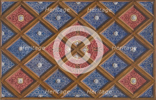Design for a coffered ceiling with painted initials: SRI (?), 1840-97. Creators: Jules-Edmond-Charles Lachaise, Eugène-Pierre Gourdet.