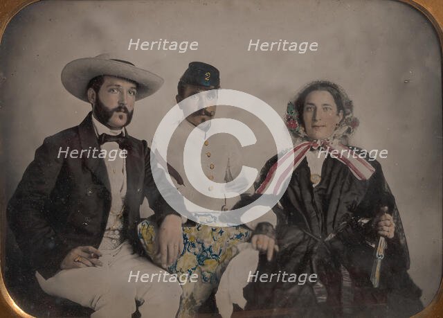 Two Men, One in Military Garb, and a Woman, Seated Around a Table, 1860s. Creator: Unknown.