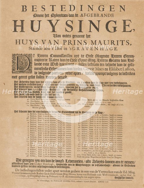 Poster Announcing a Call for Tenders for the Reconstruction of the Mauritshuis. Creator: Paulus Scheltus.