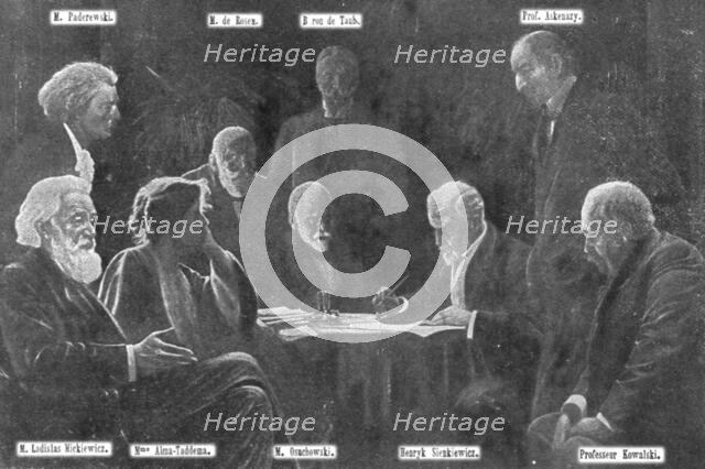 'Henryk Sienkiewicz et les membres du Comite general de secours pour les victimes..., 1916. Creator: Leon Kaufmann.