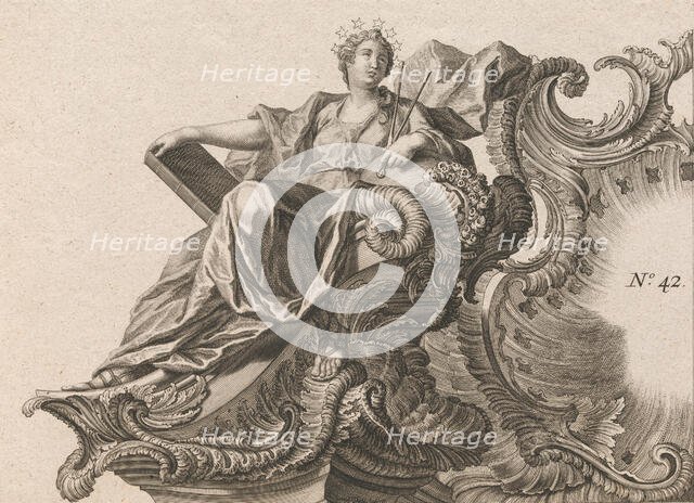 Design for a Rocaille Cartouche with the Figure of Prudentia, Plate 1 from ..., Printed ca. 1750-56. Creator: Jacob Gottlieb Thelot.