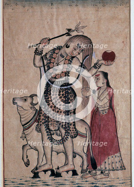 Siva with the bull, Nandi, followed by his consort Parvati, 18th century. Artist: Unknown