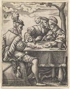 Two men and a woman playing cards at a table, one man pressing his nose toward the ..., ca. 1535-62. Creator: Virgil Solis.