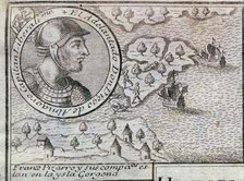  'Francisco Pizarro and his companions are on the Gorgona island', engraving from 1726, with the …