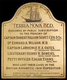 Terra Nova bed plaque, Hamadryad Hospital, Cardiff, c1910s. Creator: Unknown.