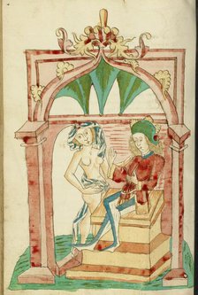 Josaphat Enthroned Tempted by a Naked Woman; Barlaam und Josaphat, 1469. Creators: Hans Schilling, Diebolt Lauber.