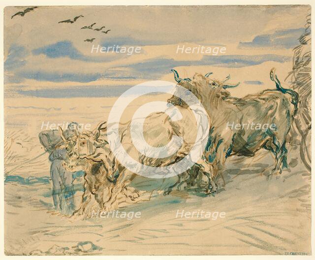 Drover with Oxen Pulling a Cart, 1840/41. Creator: Theodore Chasseriau.