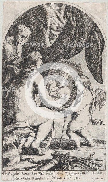 Venus before a mirror held by Cupid while her hair is combed by an old woman, 1631. Creator: Willem Panneels.