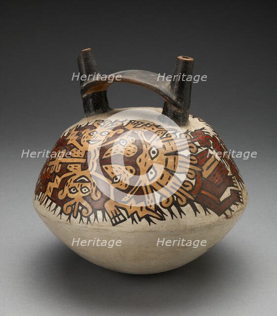 Double Spout Vessel Depicting Costumed Figure with Intricate Abstract Mask, 180 B.C./A.D. 500. Creator: Unknown.