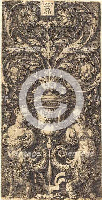 Ornament with Vase and Two Female Figures, 1553. Creator: Heinrich Aldegrever.
