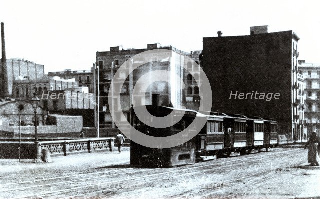 Steam Tram from Barcelona to Sarria, circulating by Balmes Street junction with Aragon Street, 1890.