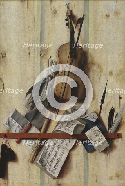 Trompe l'oeil with Violin, Music Book and Recorder, 1672. Creator: Gijsbrechts, Cornelis Norbertus (before 1657-after 1675).