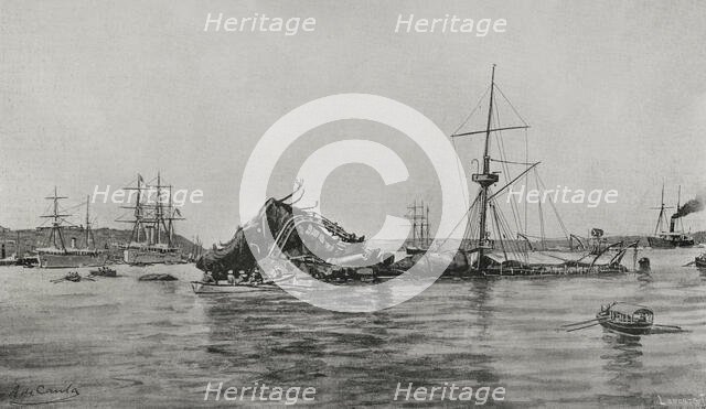 American battleship "Maine" after the explosion in the port of Havana on February 15, 1898, (1898).  Creator: Francisco Laporta Valor.