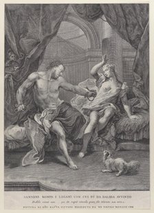 Samson and Delilah seated on a bed, Samson tearing apart the ropes binding his hand..., ca. 1730-39. Creator: Pietro Monaco.