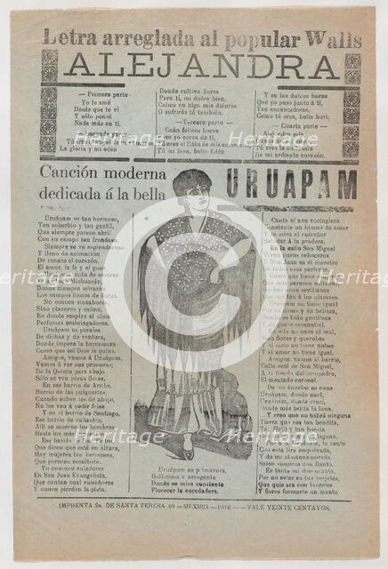 Broadsheet with two love ballads about desirable women, a woman wearing a shaw..., 1916 (published). Creator: José Guadalupe Posada.