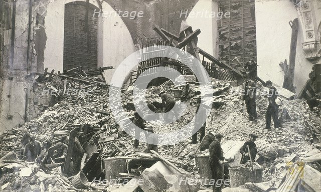 Air raid damage at Church of St Mildred, Bread Street, City of London, c1941. Artist: Anon