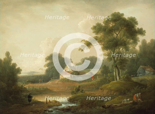 Landscape with Fisherman and Washerwoman, 1790/1800. Creators: John Rathbone, George Morland.
